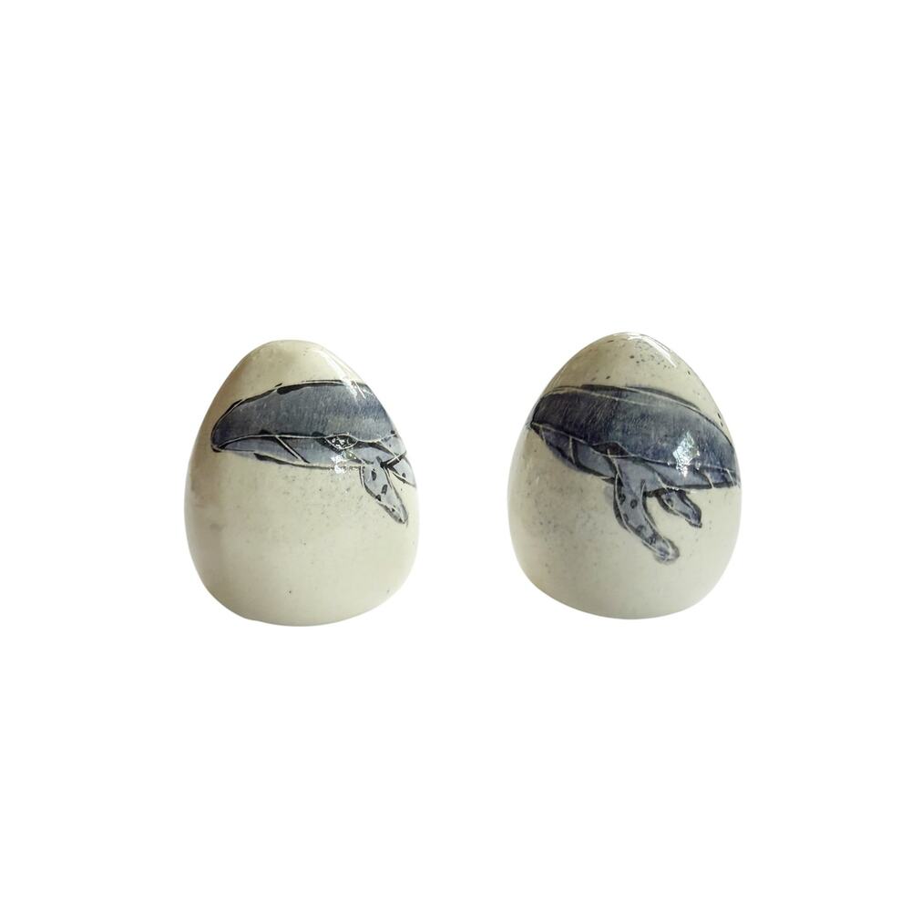 Whale Ceramic Salt Pepper Shakers Egg Shape Stoneware Studio Pottery Blue/Cream